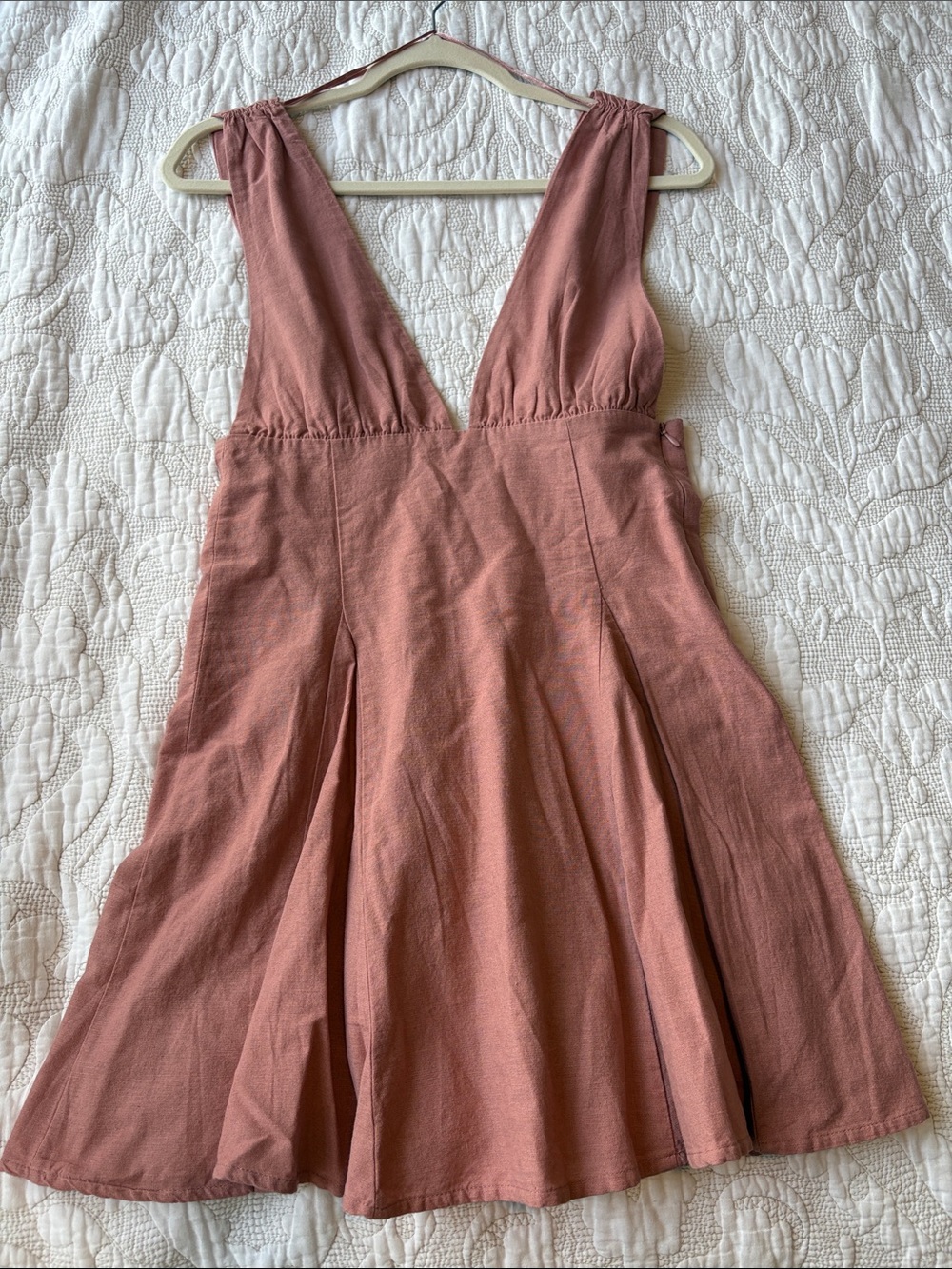 Zara Deep V-Neck Rose Mini Dress with Flared Skirt